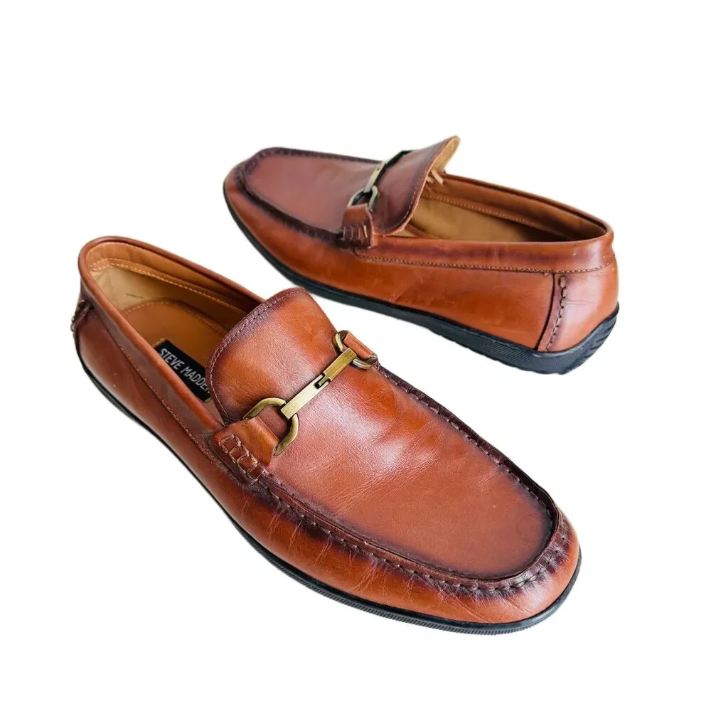Steve Madden Kowan Driving Loafers Mens 11.5 Brown Leather Shoes Horse Bit Trim